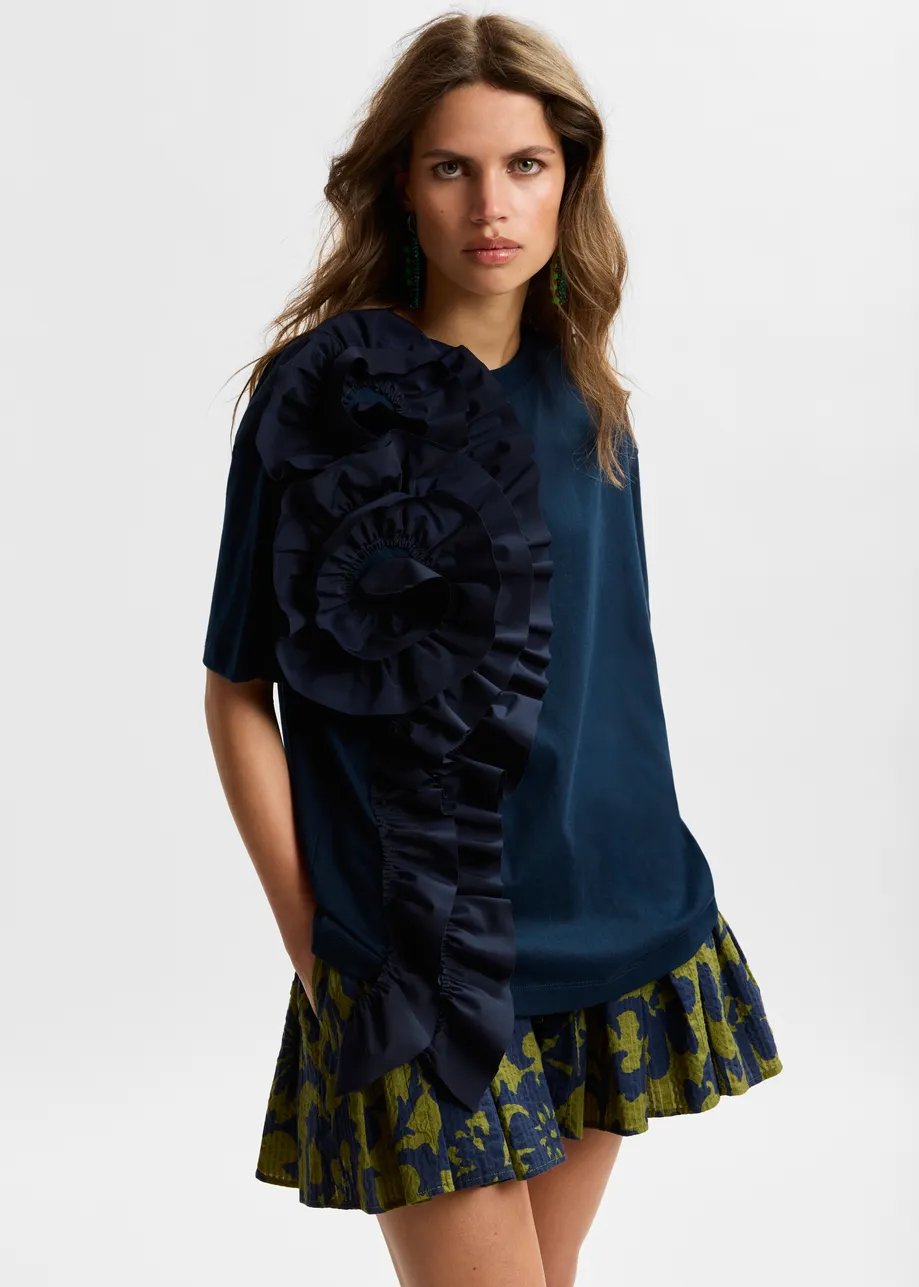 Navy cotton T-shirt with oversized floral ruffle detail