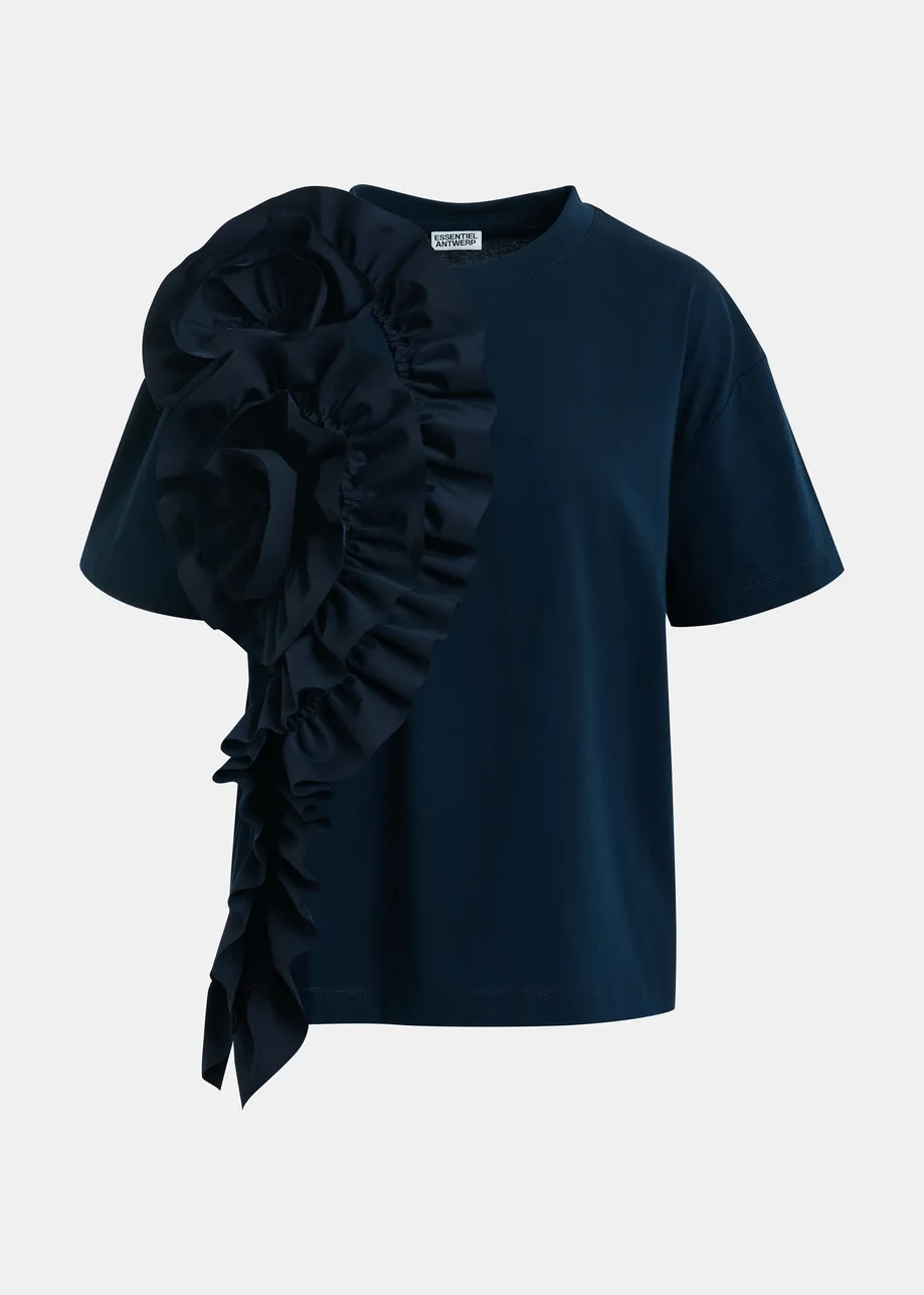 Navy cotton T-shirt with oversized floral ruffle detail
