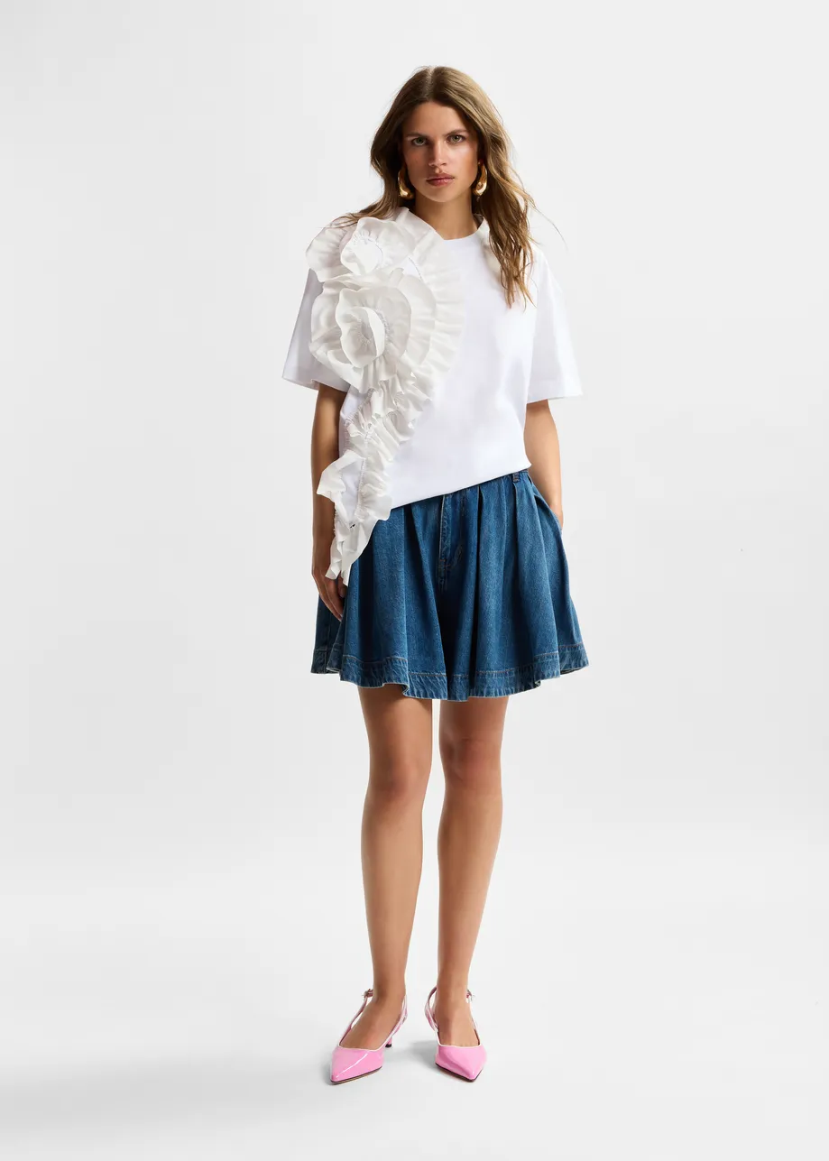 White cotton T-shirt with oversized floral ruffle detail