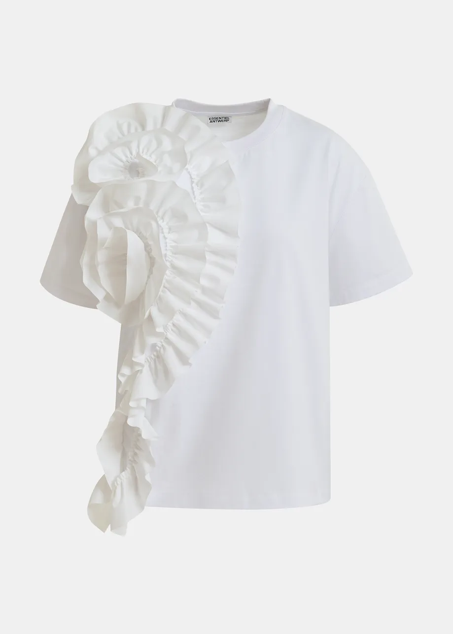 White cotton T-shirt with oversized floral ruffle detail