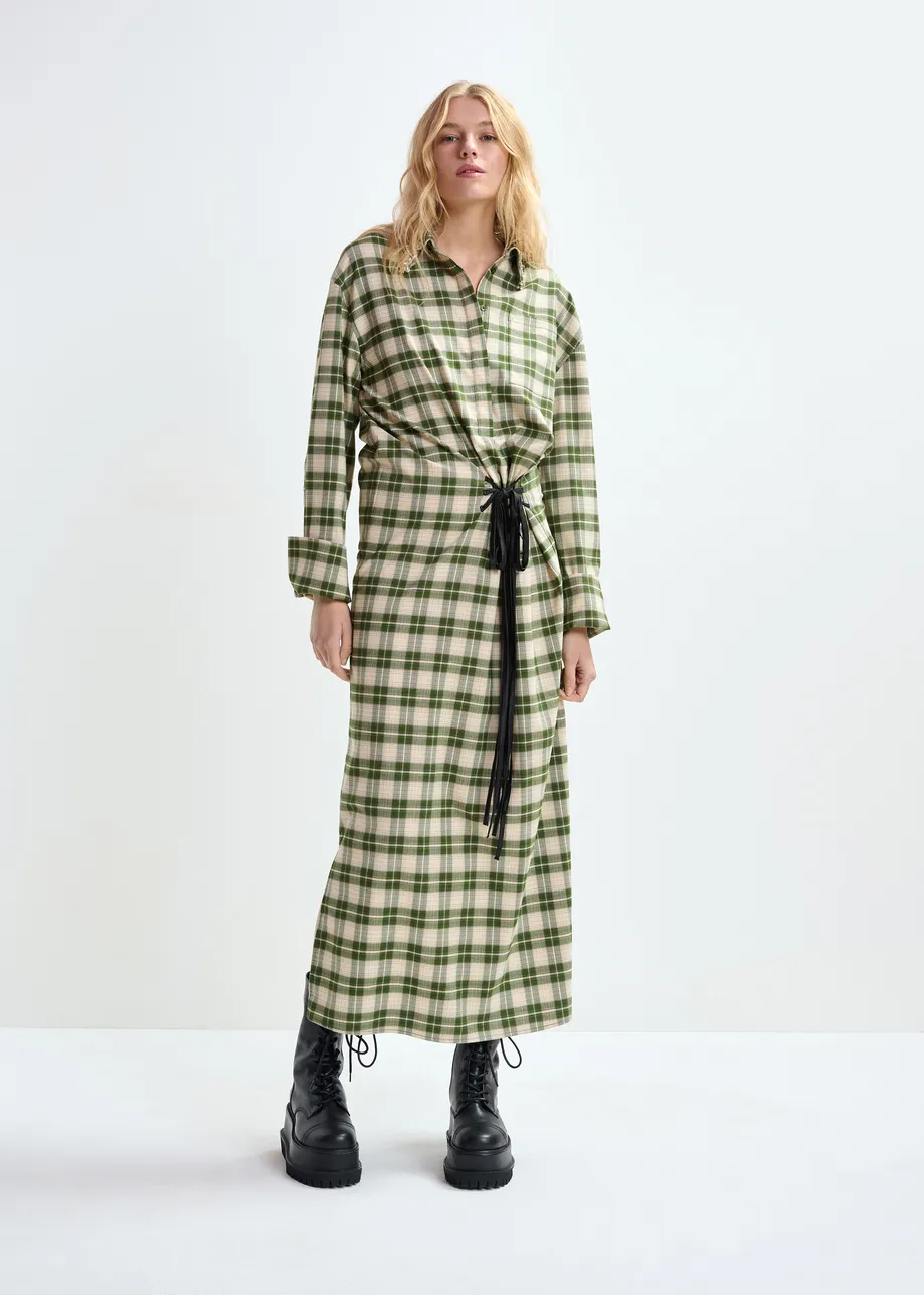Beige and green checked oversized maxi dress with rhinestone-embellished collar