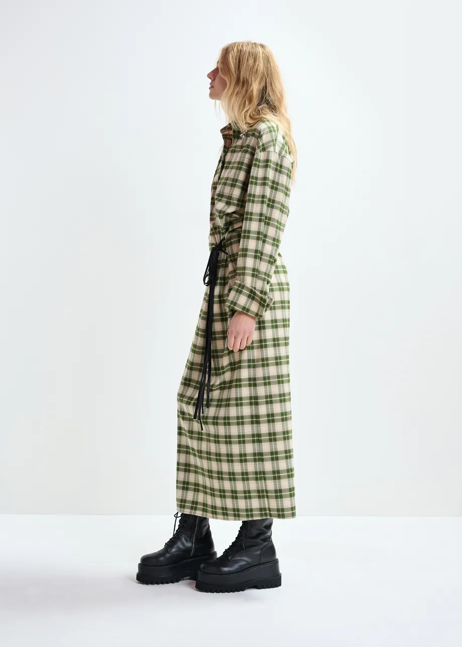 Beige and green checked oversized maxi dress with rhinestone-embellished collar