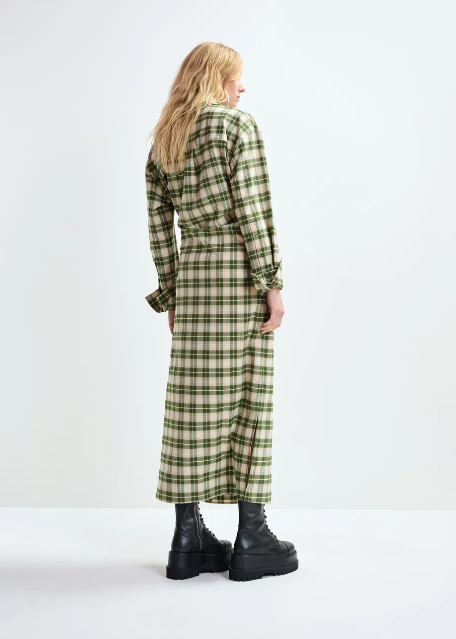 Beige and green checked oversized maxi dress with rhinestone-embellished collar