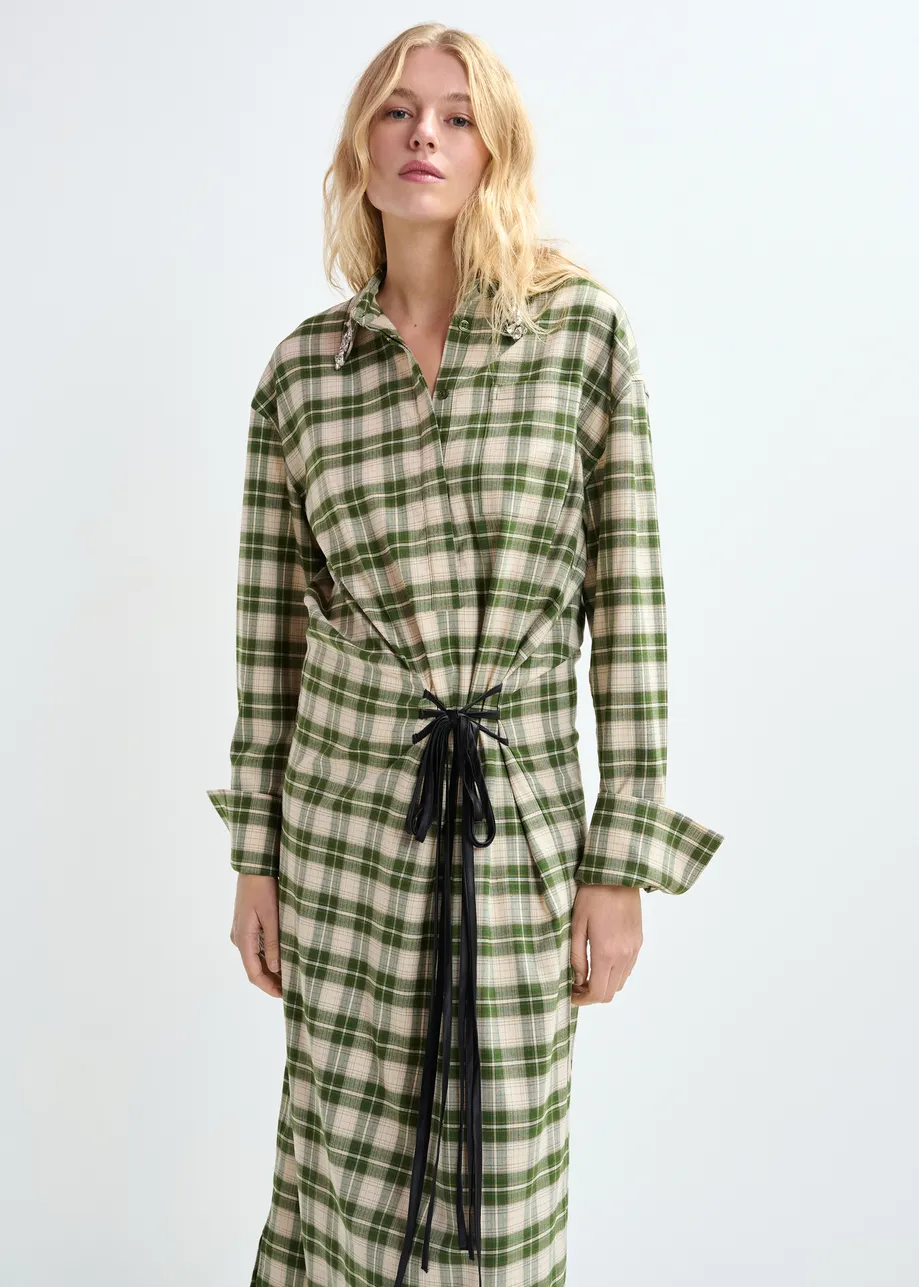 Beige and green checked oversized maxi dress with rhinestone-embellished collar