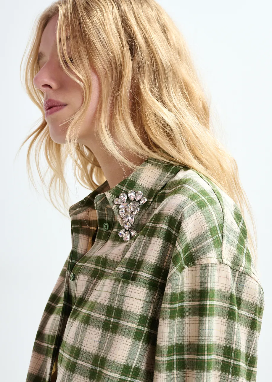 Beige and green checked oversized maxi dress with rhinestone-embellished collar