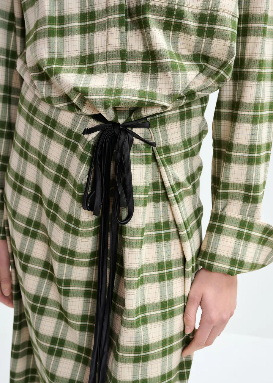 Beige and green checked oversized maxi dress with rhinestone-embellished collar