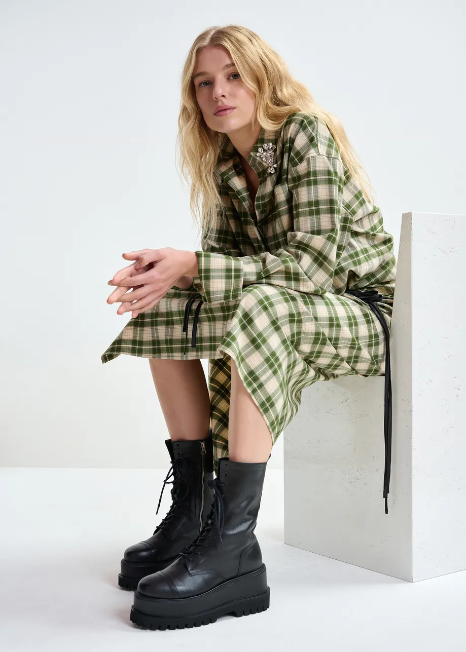 Beige and green checked oversized maxi dress with rhinestone-embellished collar