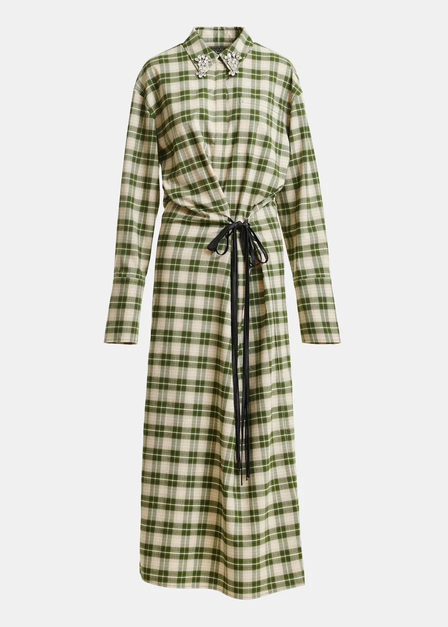 Beige and green checked oversized maxi dress with rhinestone-embellished collar