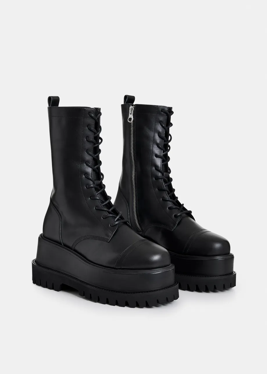 Black platform leather lace-up combat boots