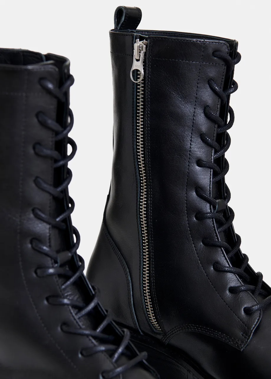 Black platform leather lace-up combat boots