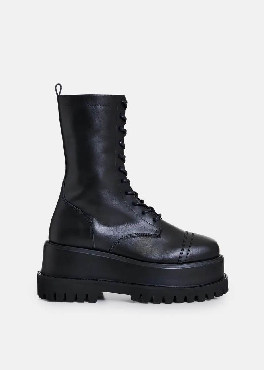 Black platform leather lace-up combat boots