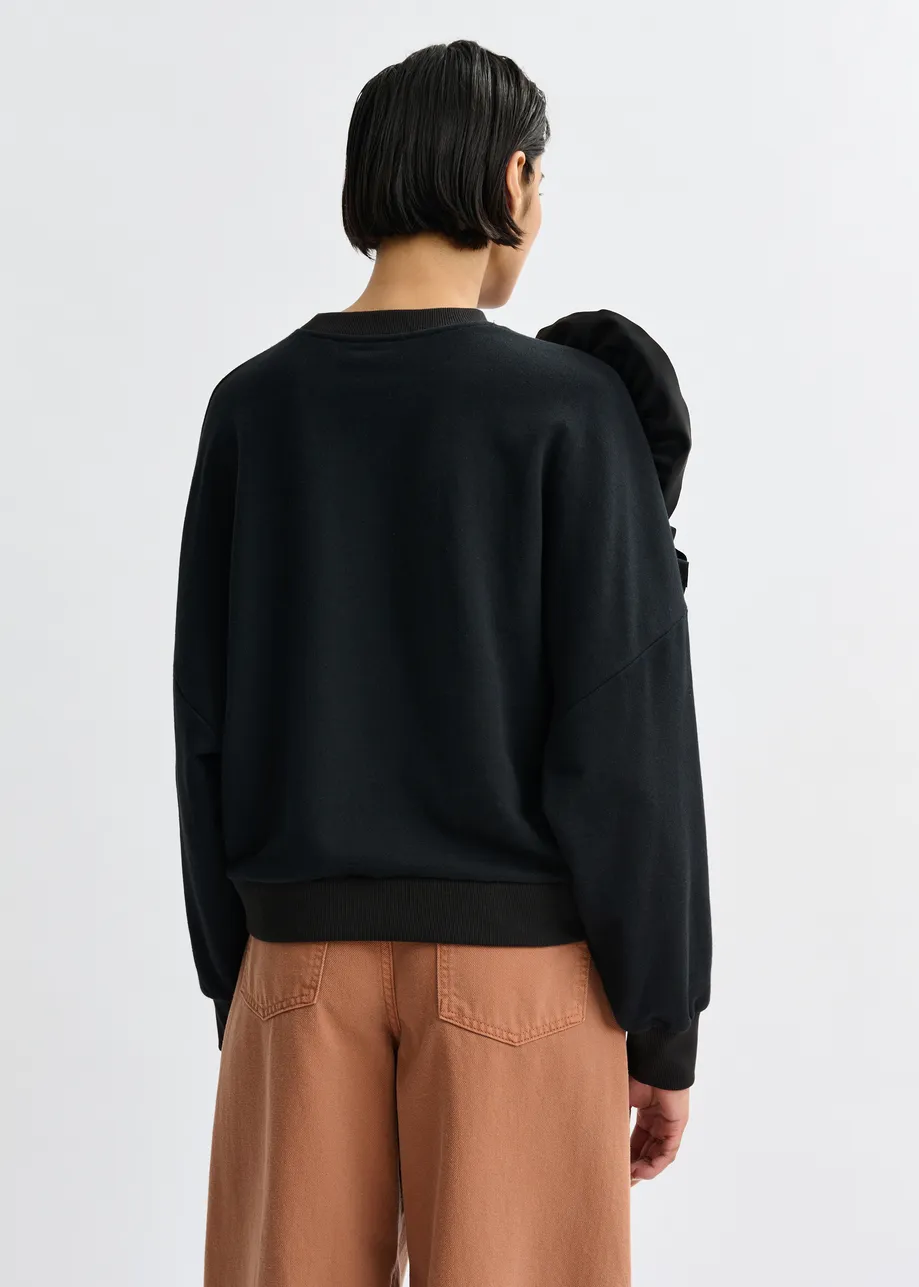 Zwarte katoenmix sweater met volantdetails