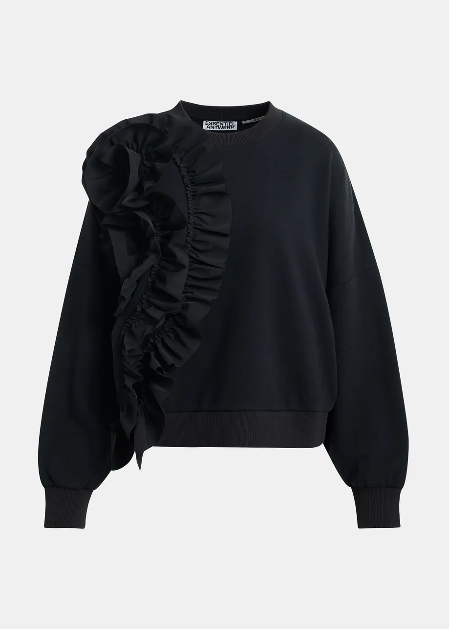 Black cotton-blend sweatshirt with ruffle details