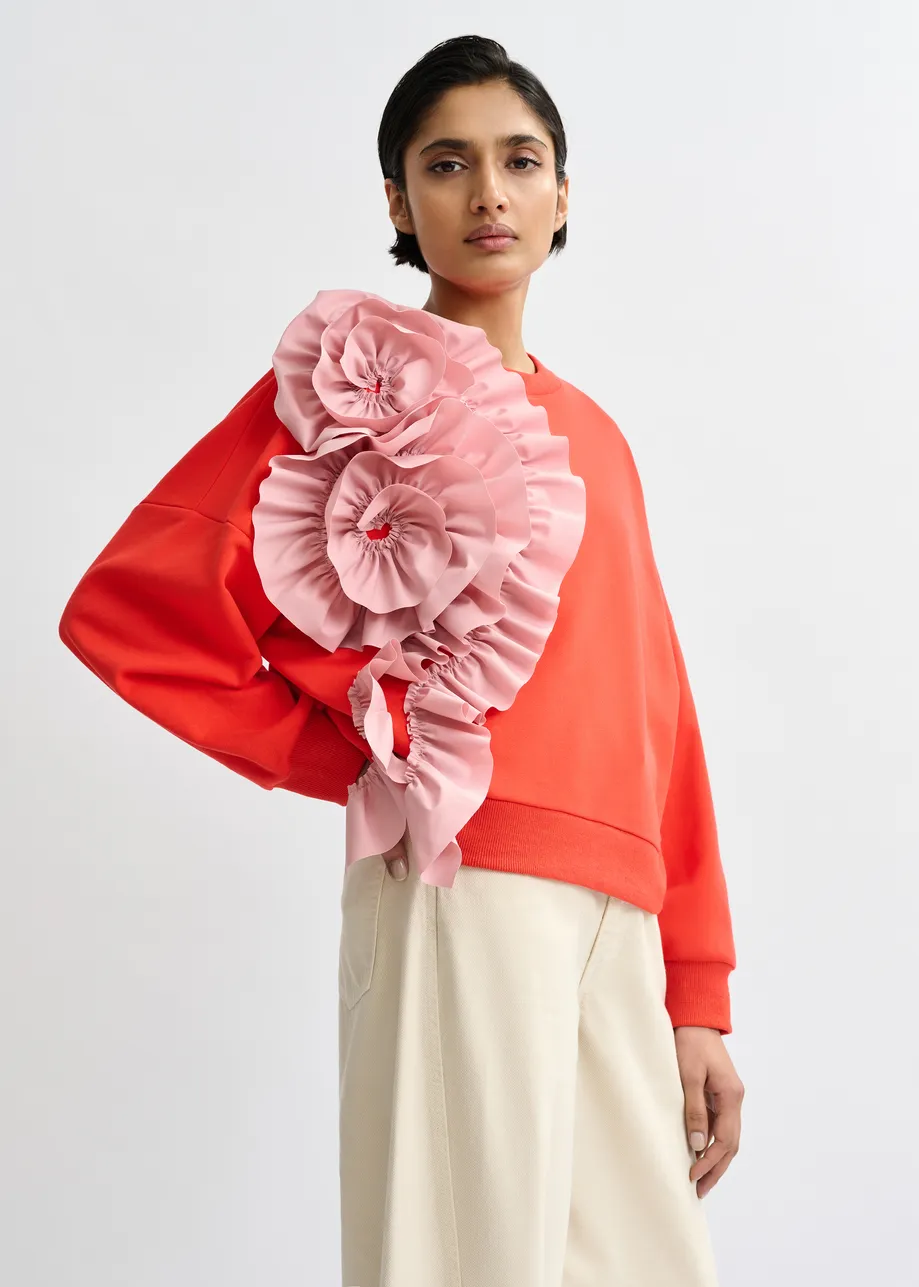 Rode katoenmix sweater met volantdetails