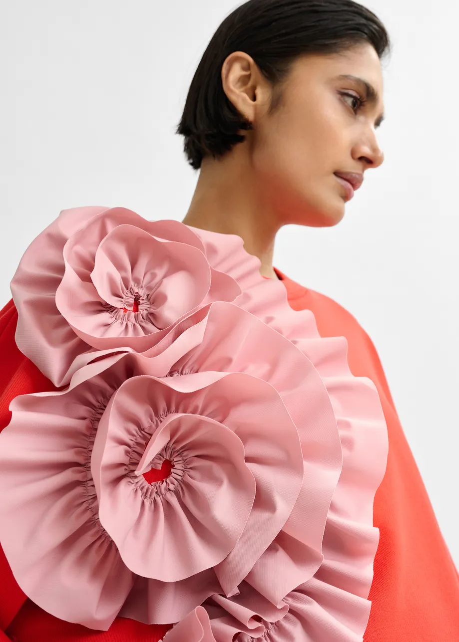 Red cotton-blend sweatshirt with ruffle details