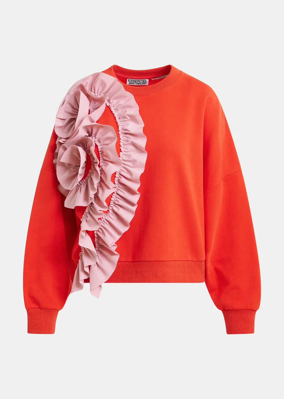 Rode katoenmix sweater met volantdetails