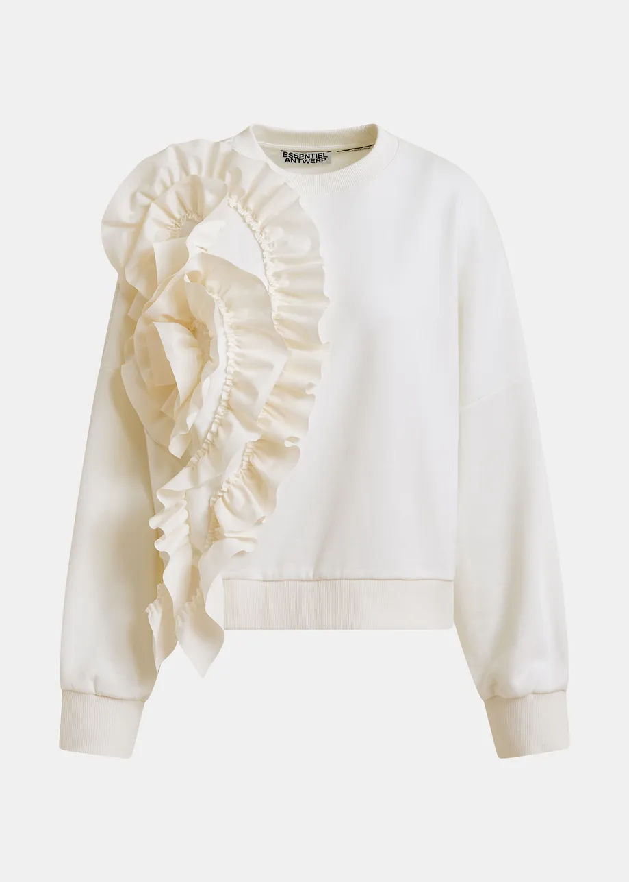 Witte katoenmix sweater met volantdetails