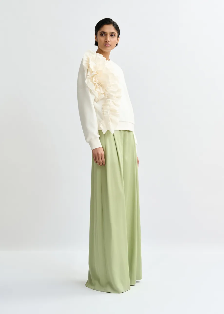 Witte katoenmix sweater met volantdetails