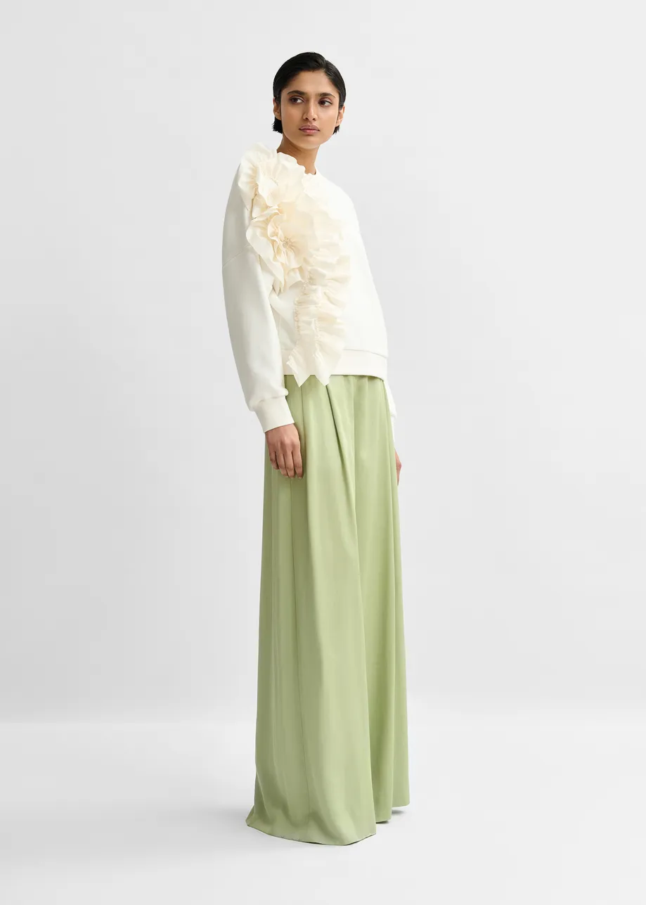 White cotton-blend sweatshirt with ruffle details