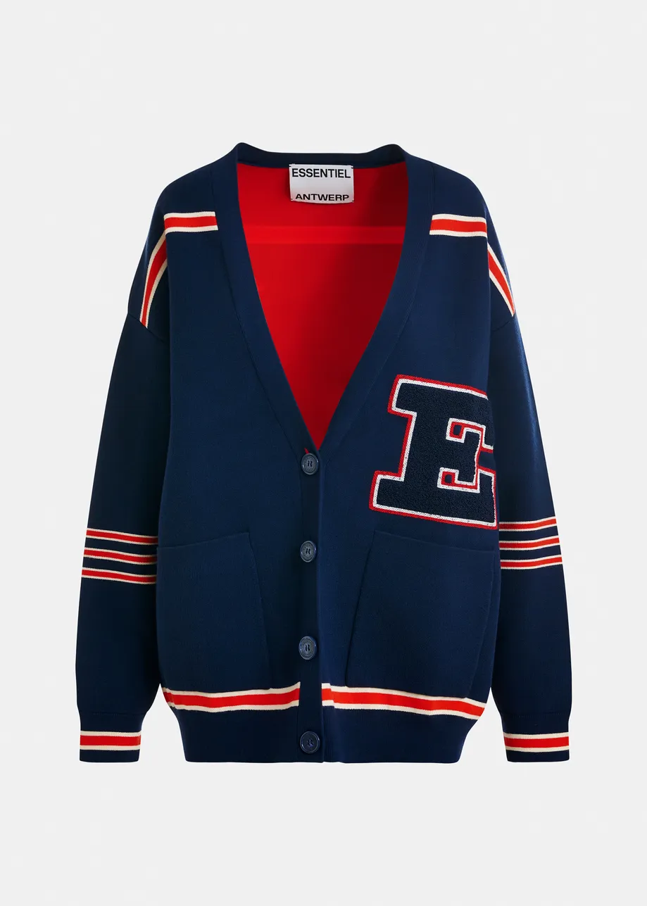 Marineblauwe cardigan met rode strepen en appliqué