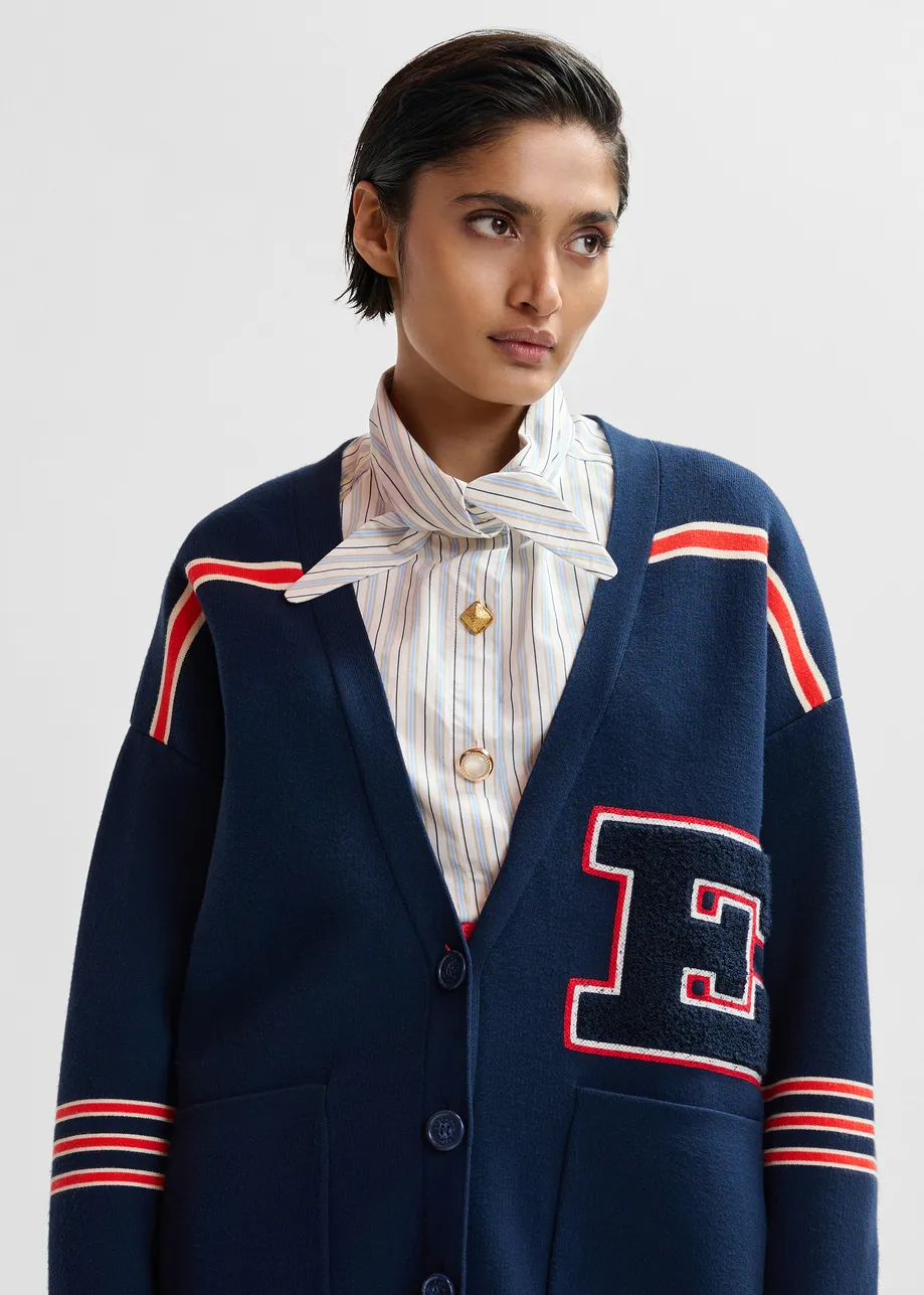 Navy appliquéd cardigan with red stripes