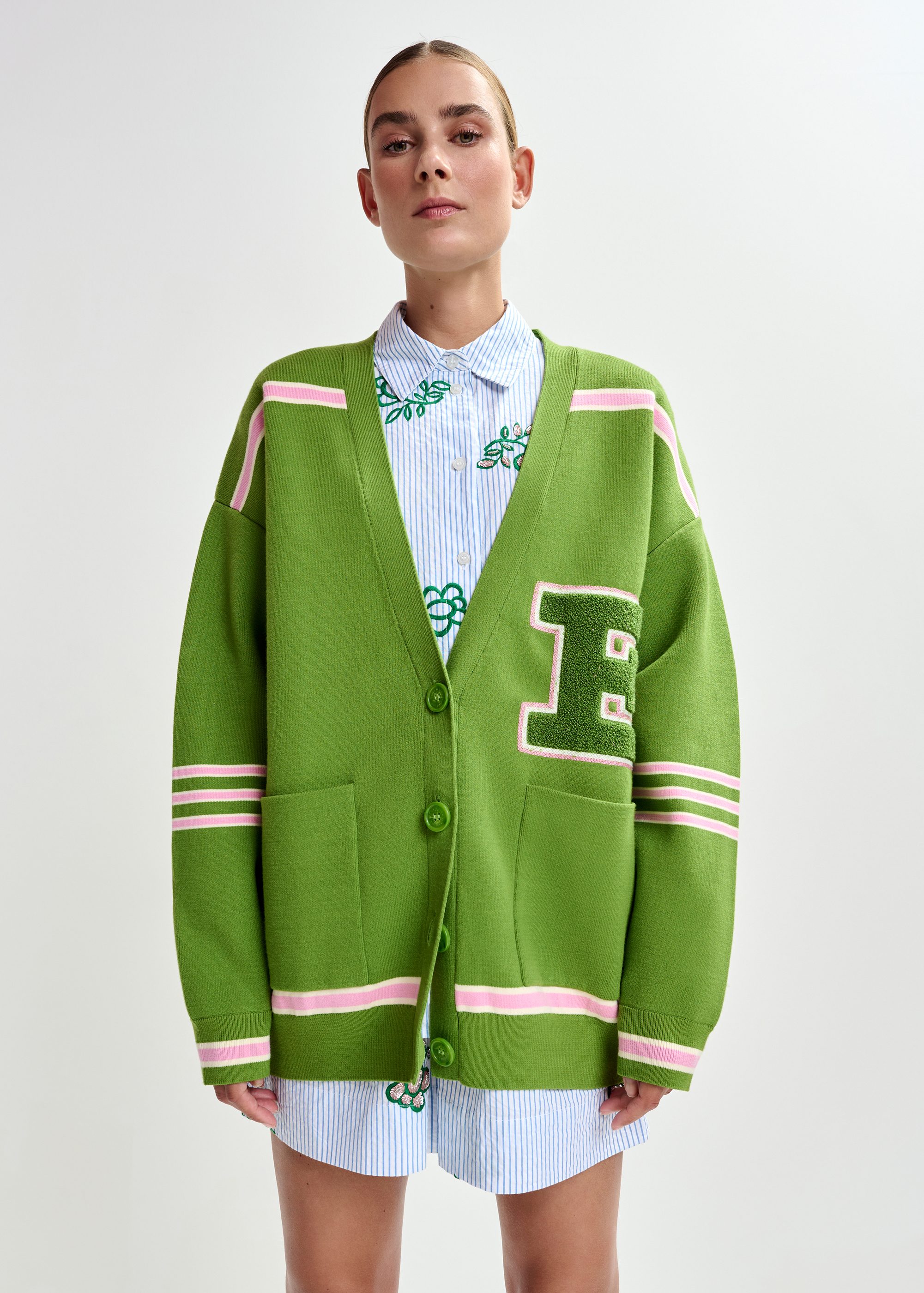Green appliquéd cardigan with pink stripes | Essentiel Antwerp Europe