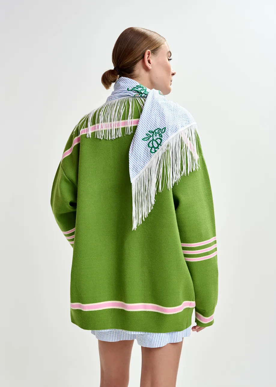 Groene cardigan met roze strepen en appliqué