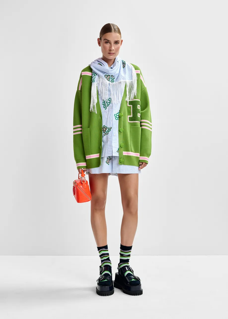 Green appliquéd cardigan with pink stripes