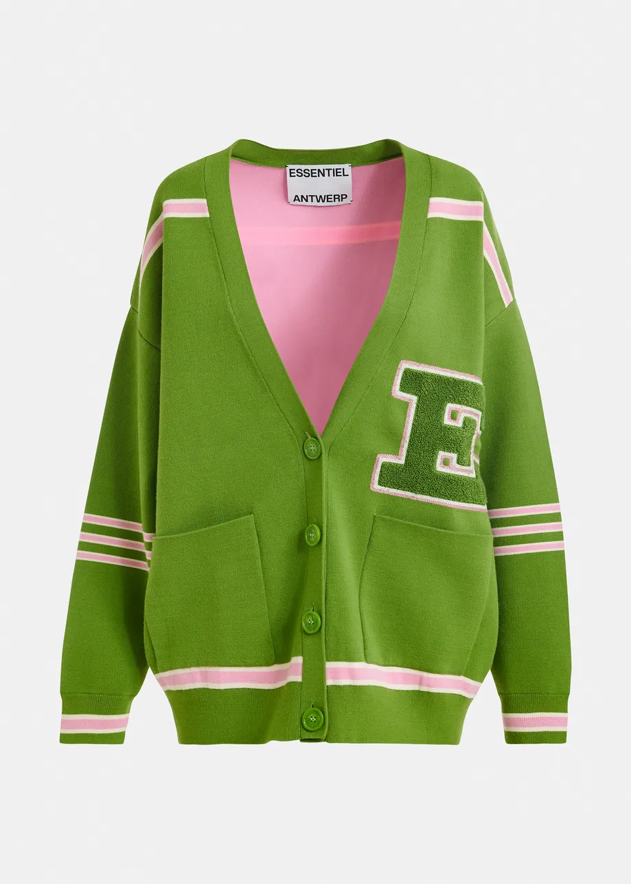 Groene cardigan met roze strepen en appliqué