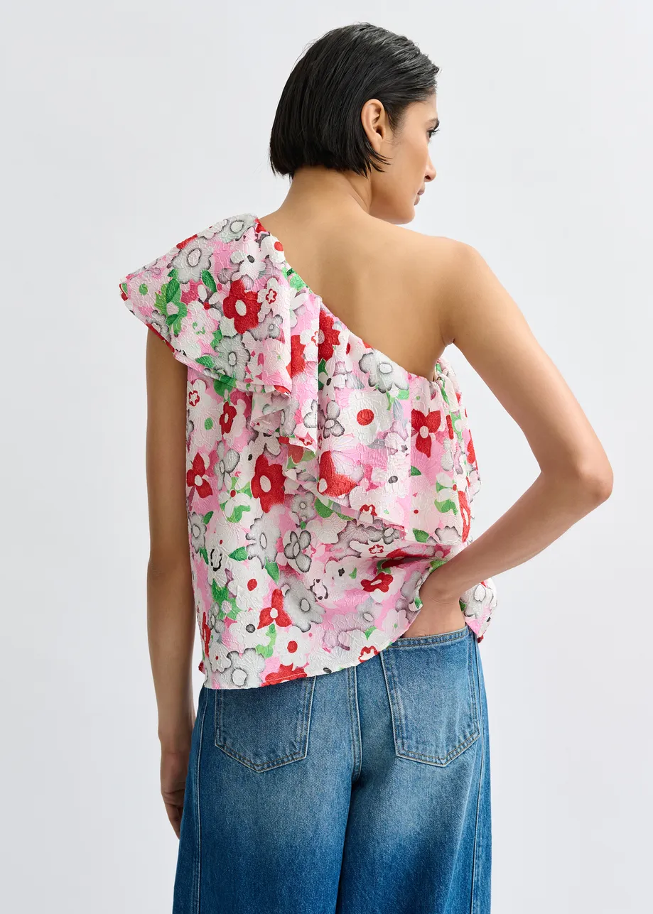 Gebroken witte en veelkleurige asymmetrische éénschoudertop met volants