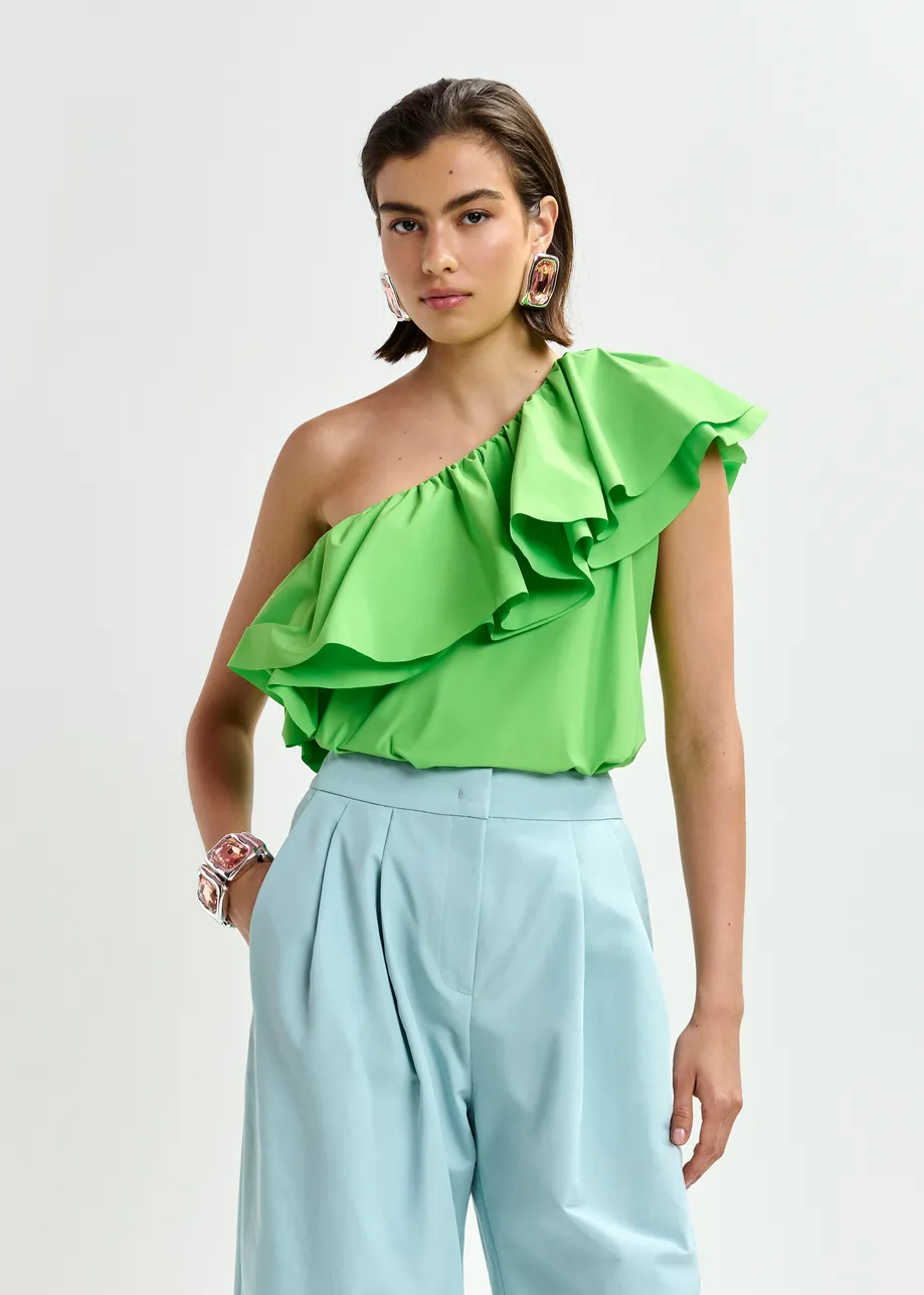 Green asymmetric ruffle top