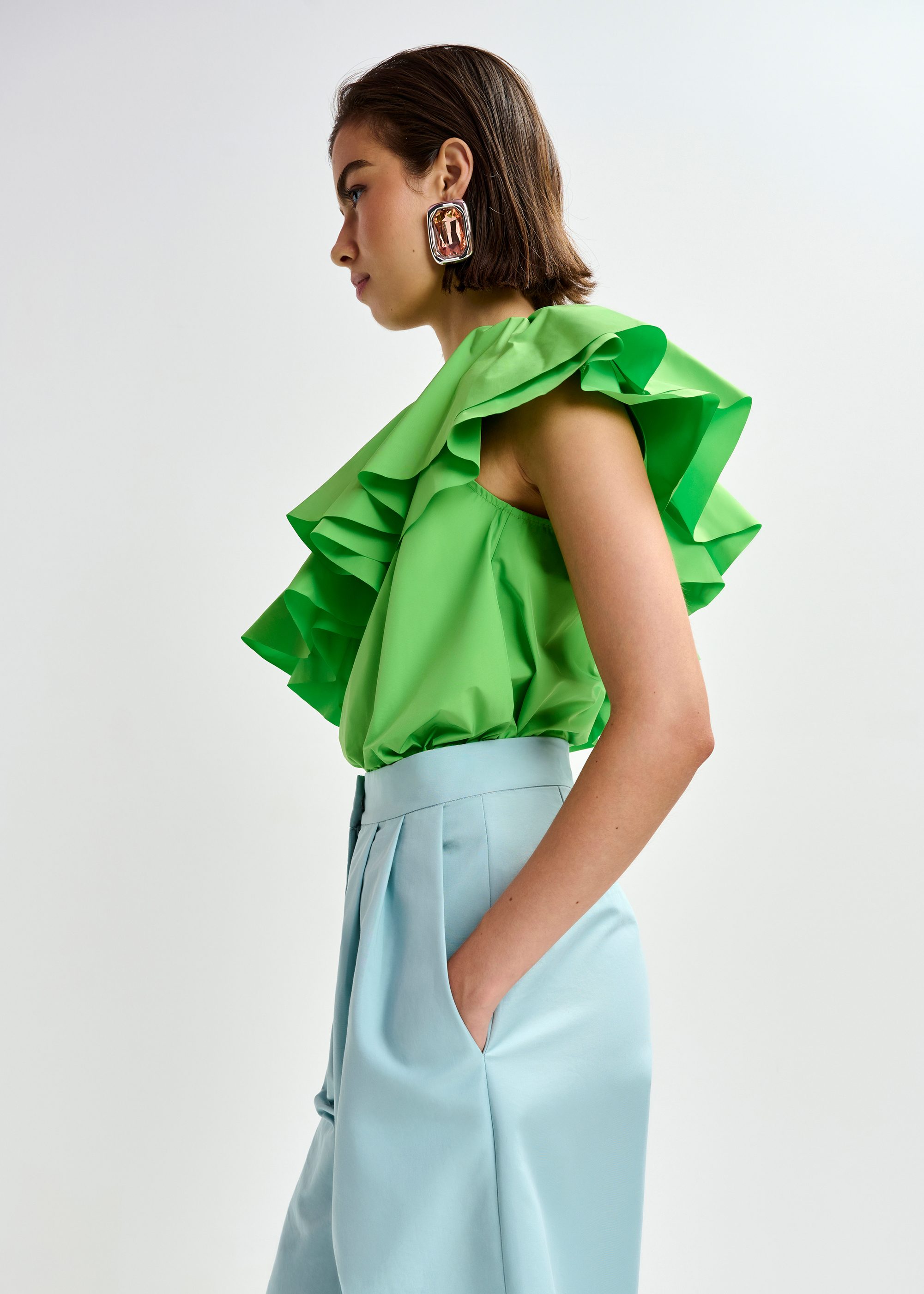 Green asymmetric ruffle top | Essentiel Antwerp Italy