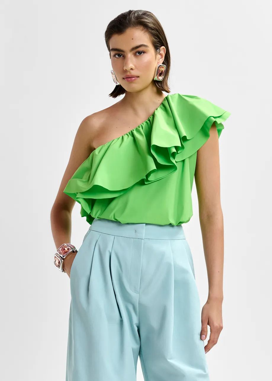 Green asymmetric ruffle top