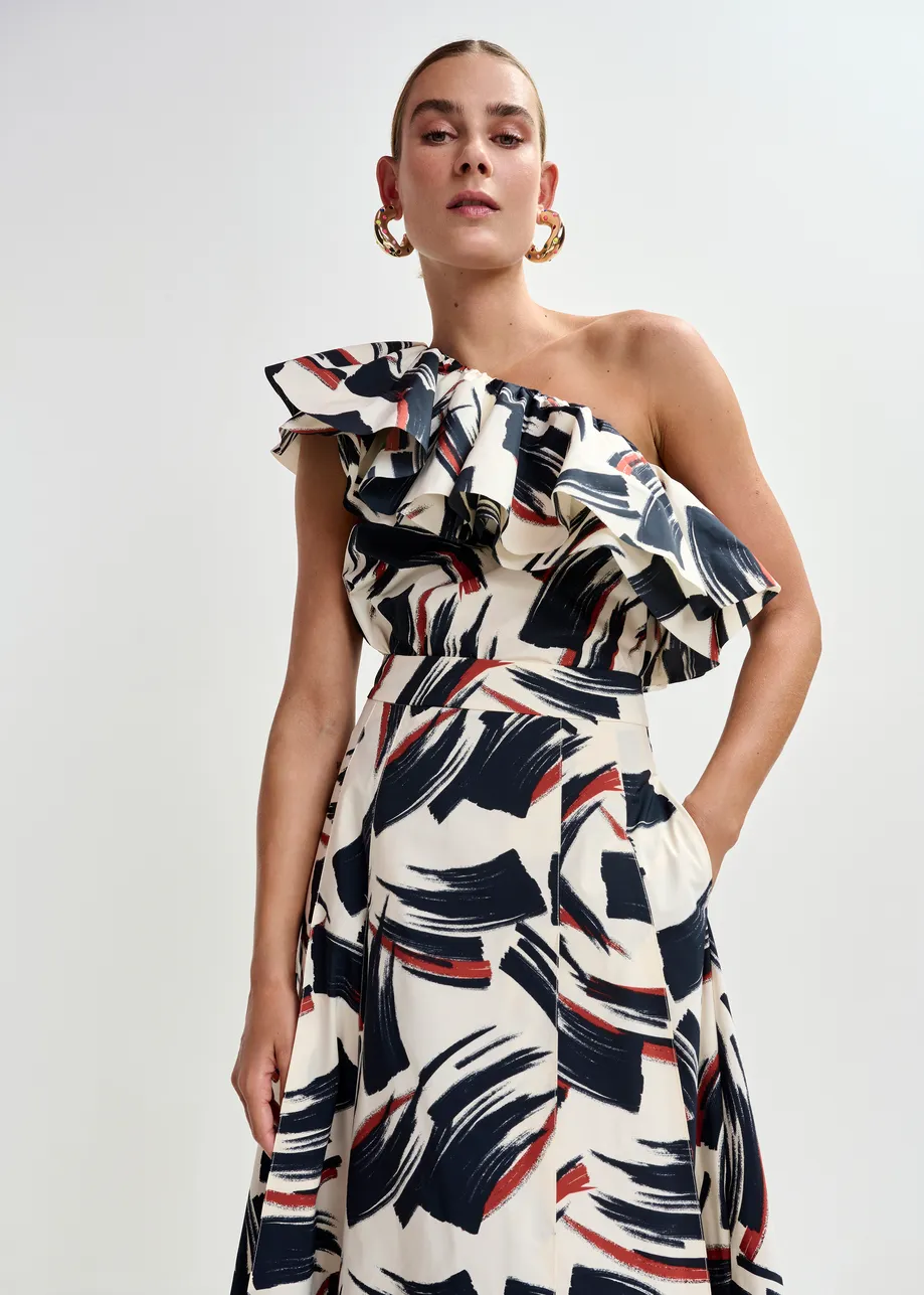 Off-white, black and brown asymmetric ruffle top