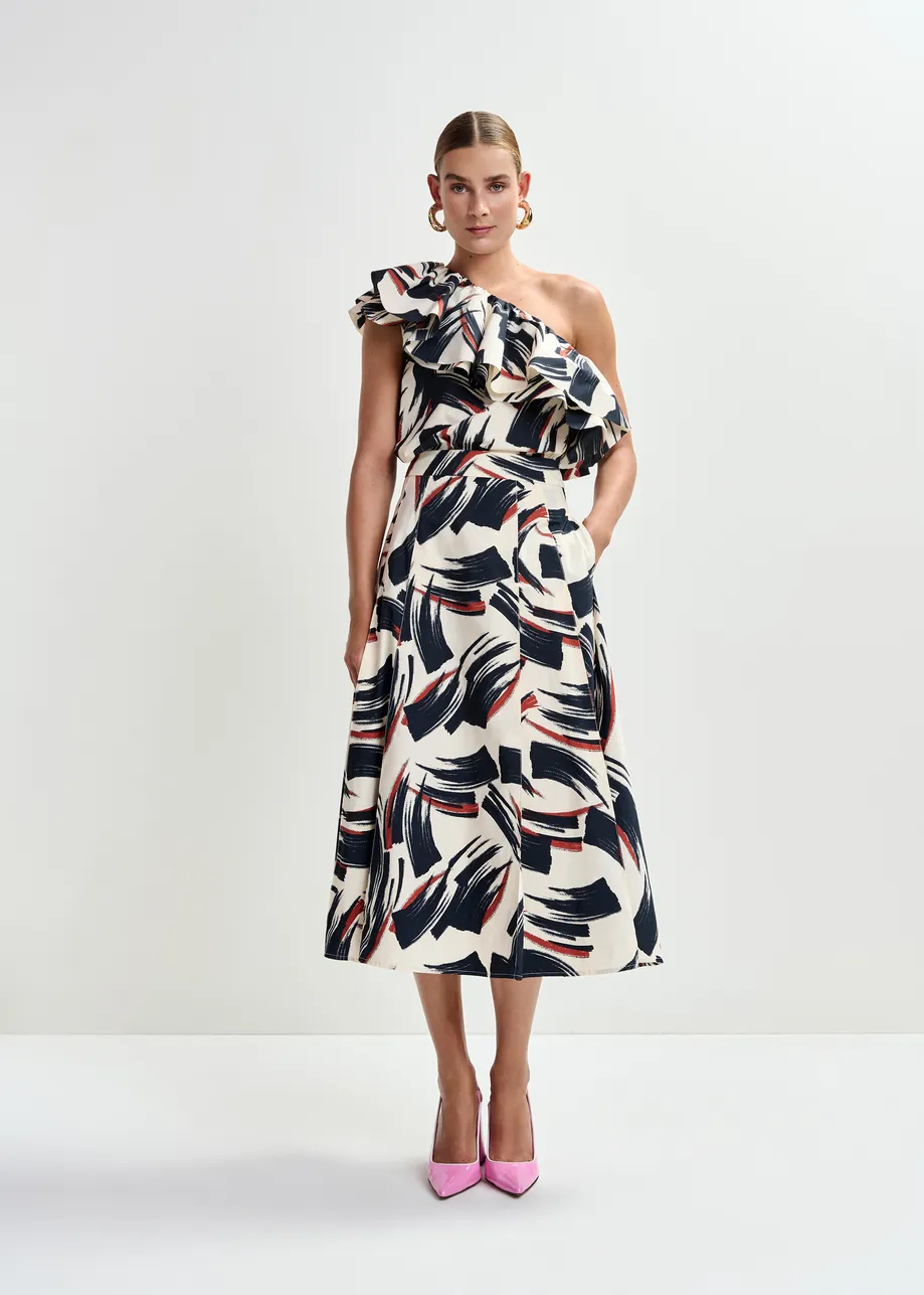 Off-white, black and brown asymmetric ruffle top