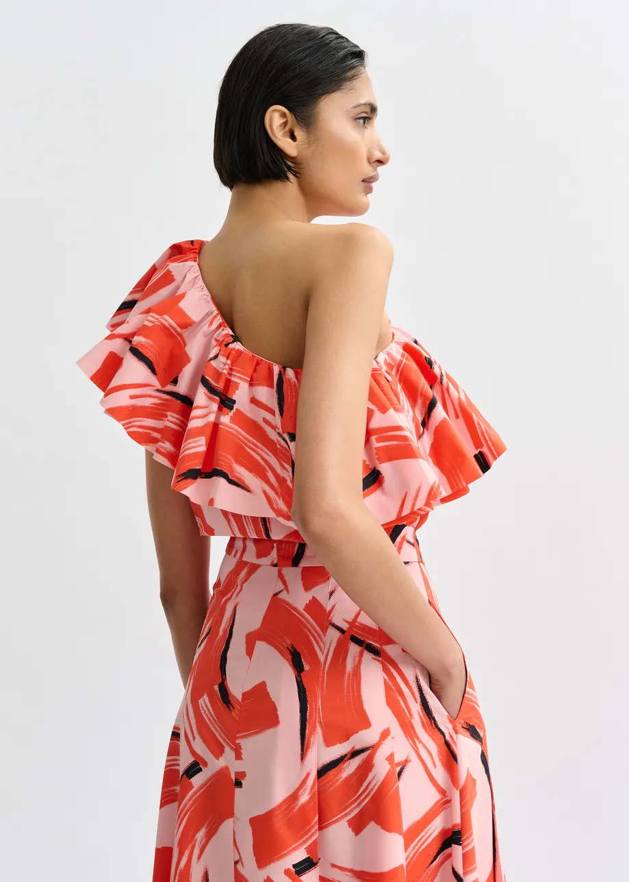 Pink, orange and black asymmetric ruffle top