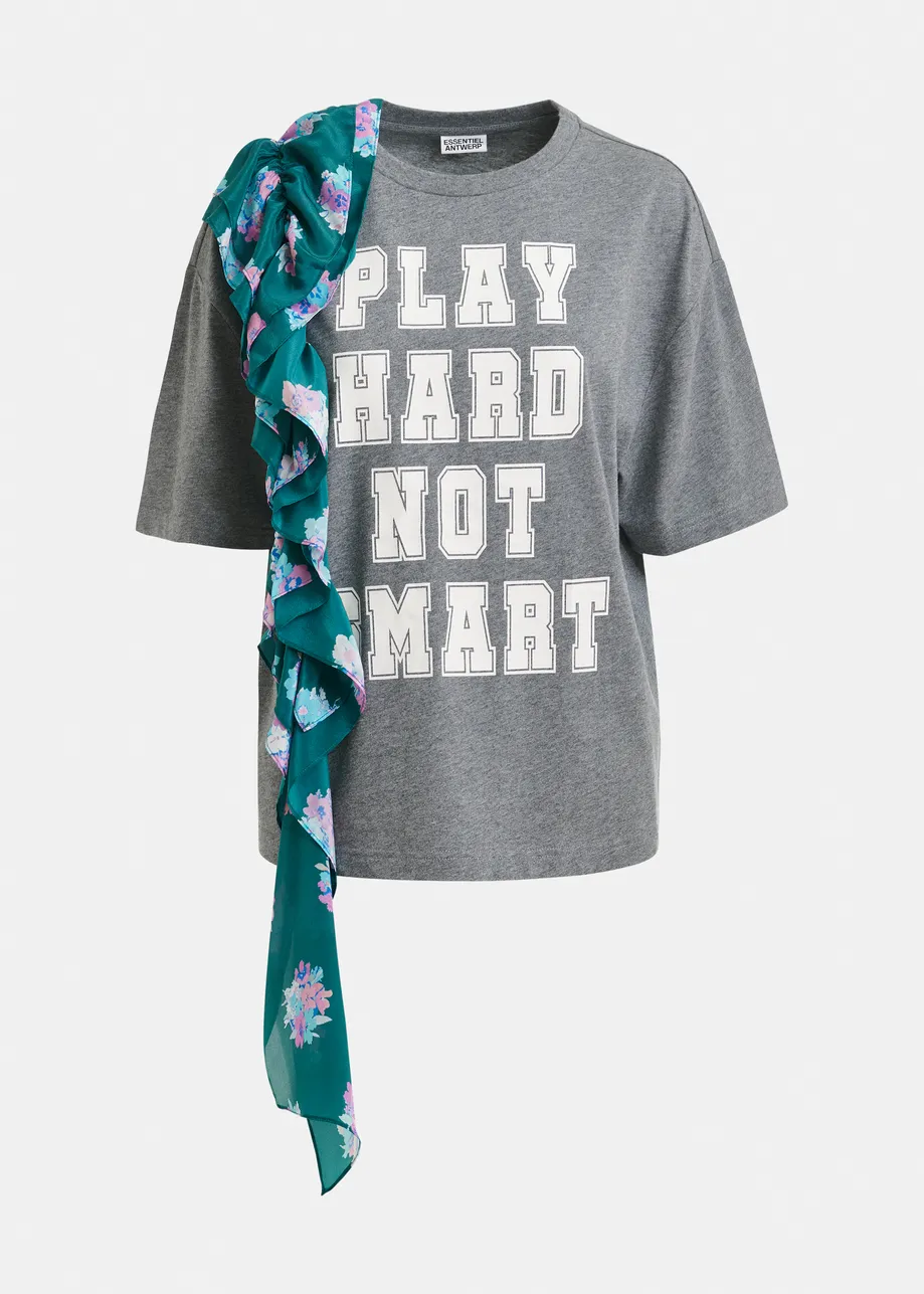 Grijs en wit katoenen T-shirt met print en franjes