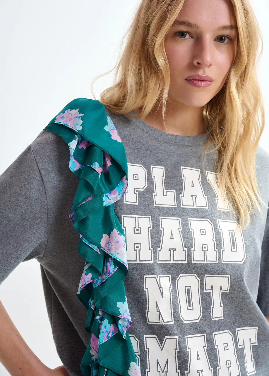 Grijs en wit katoenen T-shirt met print en franjes