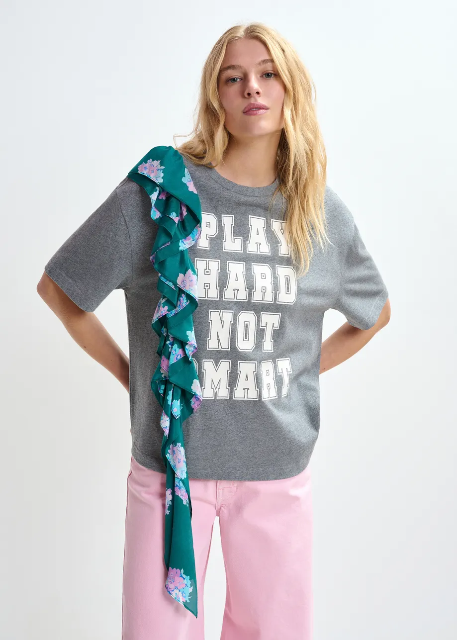 Grijs en wit katoenen T-shirt met print en franjes