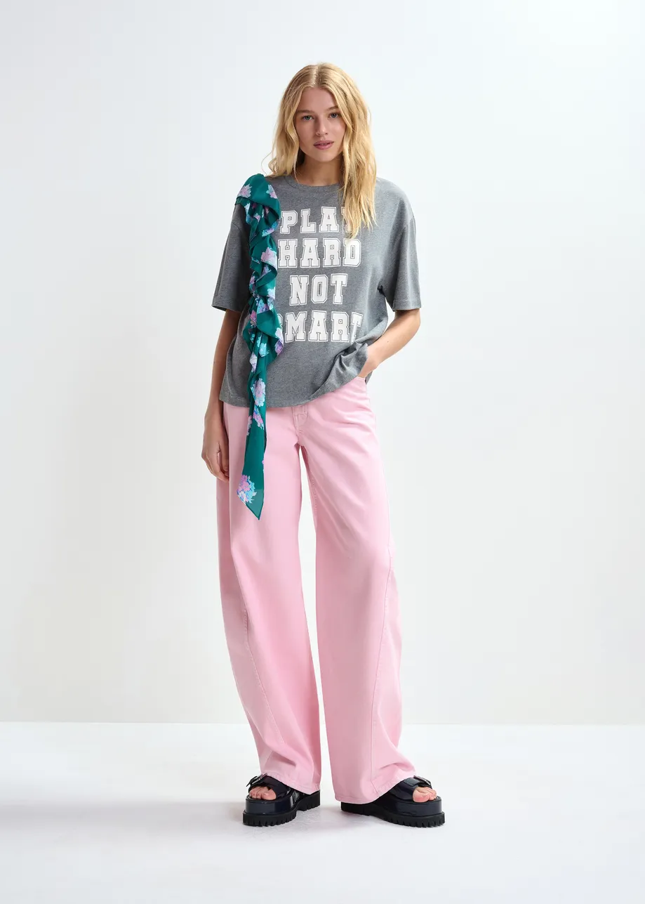 Grijs en wit katoenen T-shirt met print en franjes