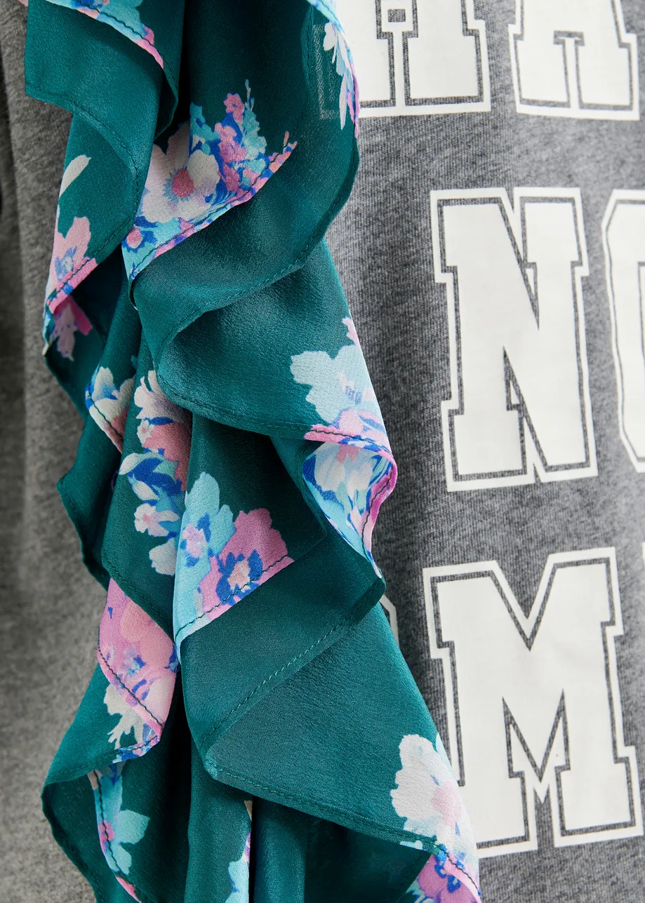 Grijs en wit katoenen T-shirt met print en franjes