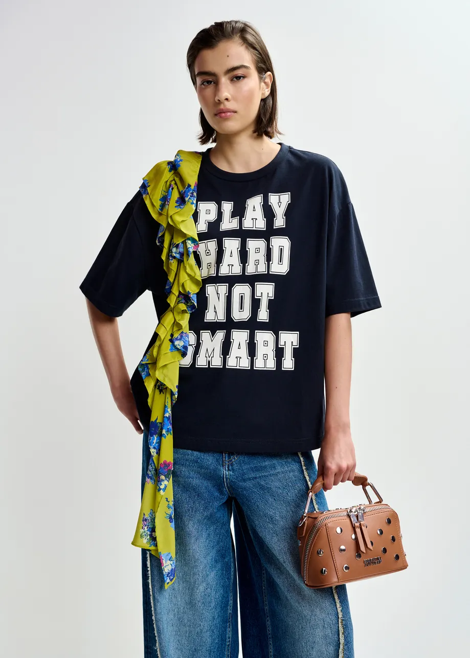 Marineblauw en wit katoenen T-shirt met print en franjes