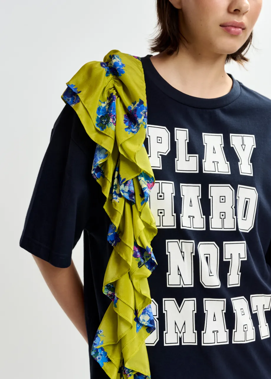 Marineblauw en wit katoenen T-shirt met print en franjes