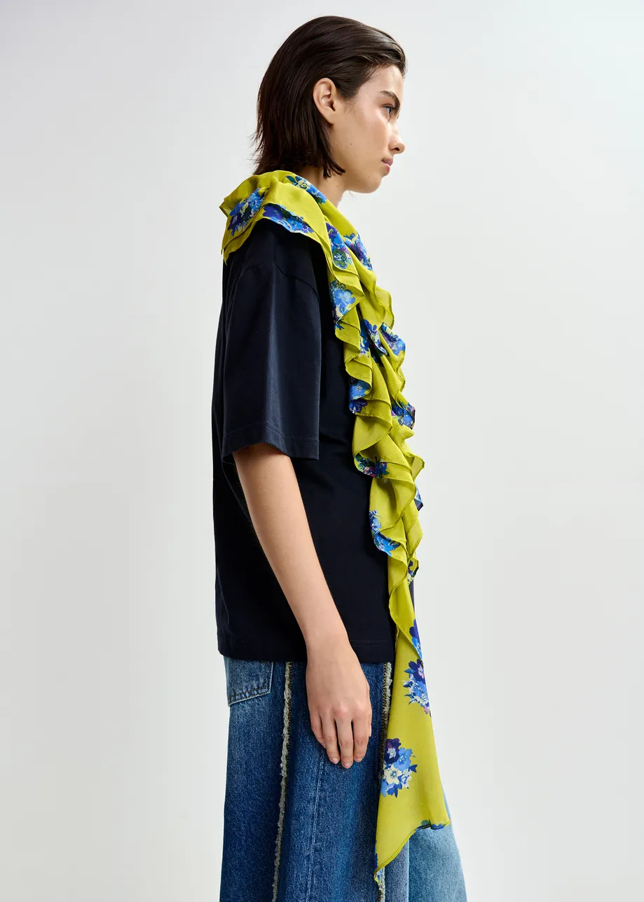 Marineblauw en wit katoenen T-shirt met print en franjes