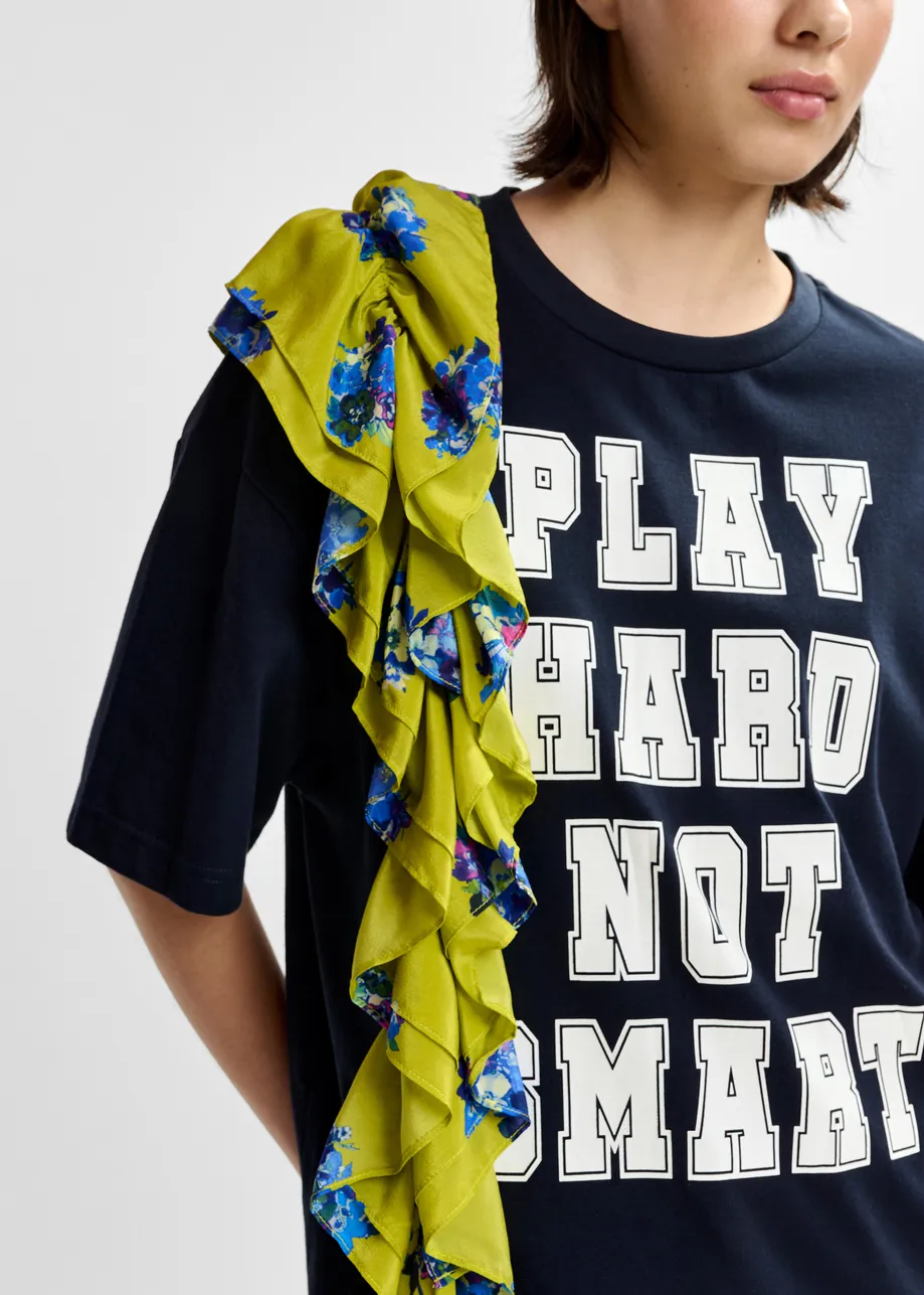 Marineblauw en wit katoenen T-shirt met print en franjes