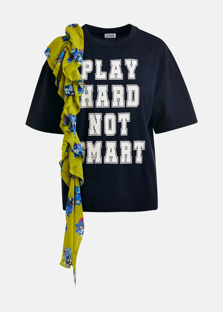 Marineblauw en wit katoenen T-shirt met print en franjes