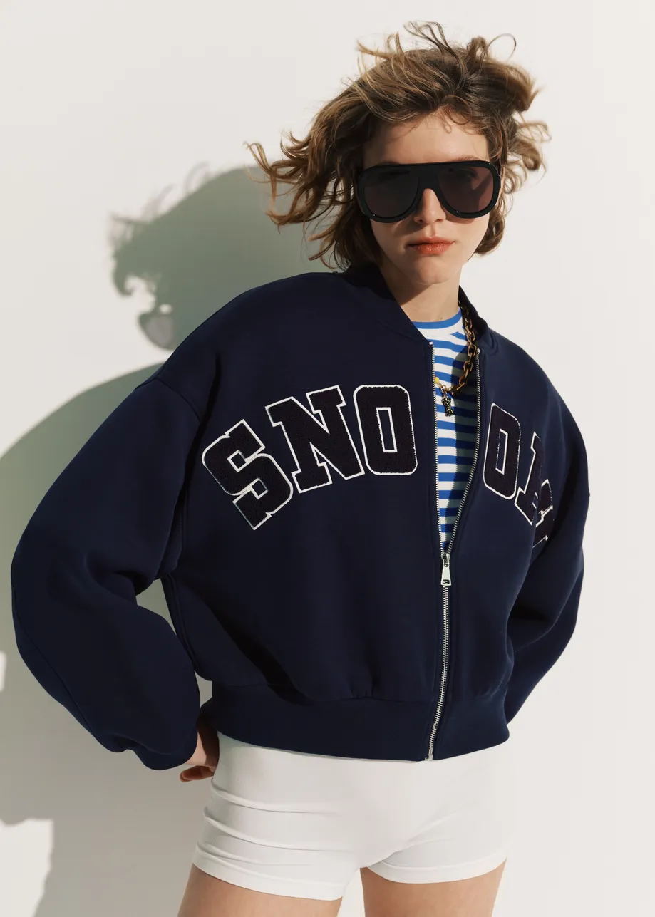 Navy bomber with Snoopy letter appliqués