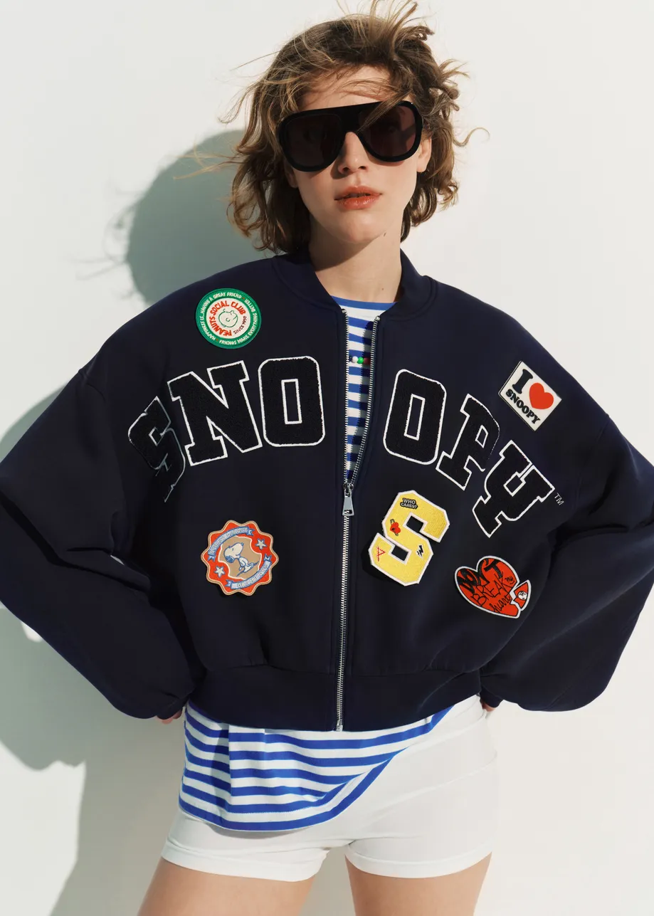 Navy bomber with Snoopy letter appliqués