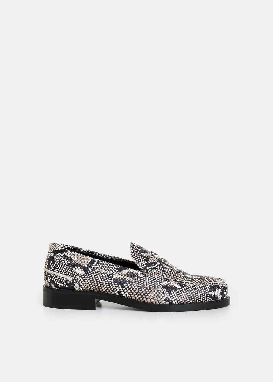 Beige and black snake-effect leather loafers