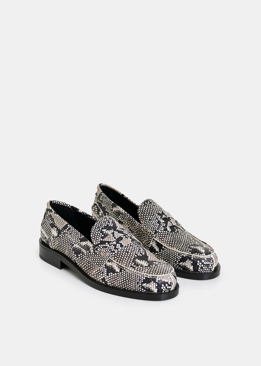 Beige and black snake-effect leather loafers